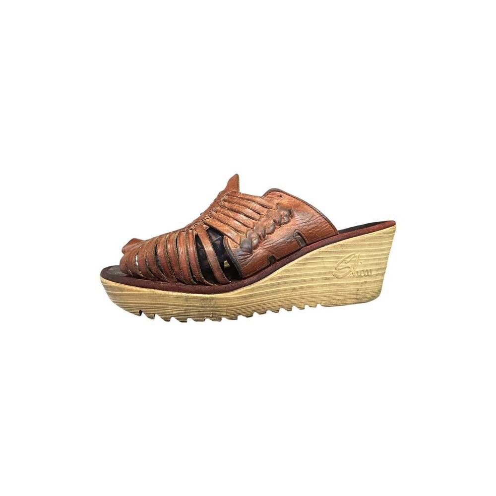 Vintage 70s Sbicca Braided Woven Leather Huarache Wedge Sz 10 Sandals Brown Lady